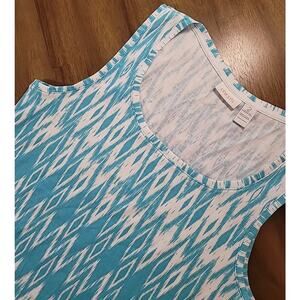 Chico’s Women’s Tank Top Blue White Ikat Zigzag Print Sleeveless Sz 2 L EUC